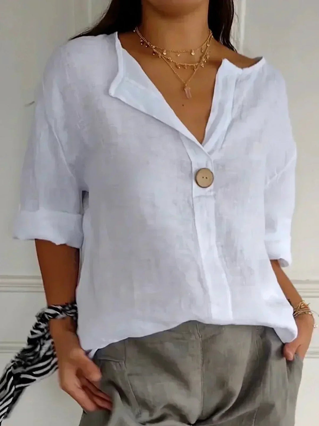 Women's Relaxed-Fit V-Neck 3/4 Sleeve Linen Blouse - White