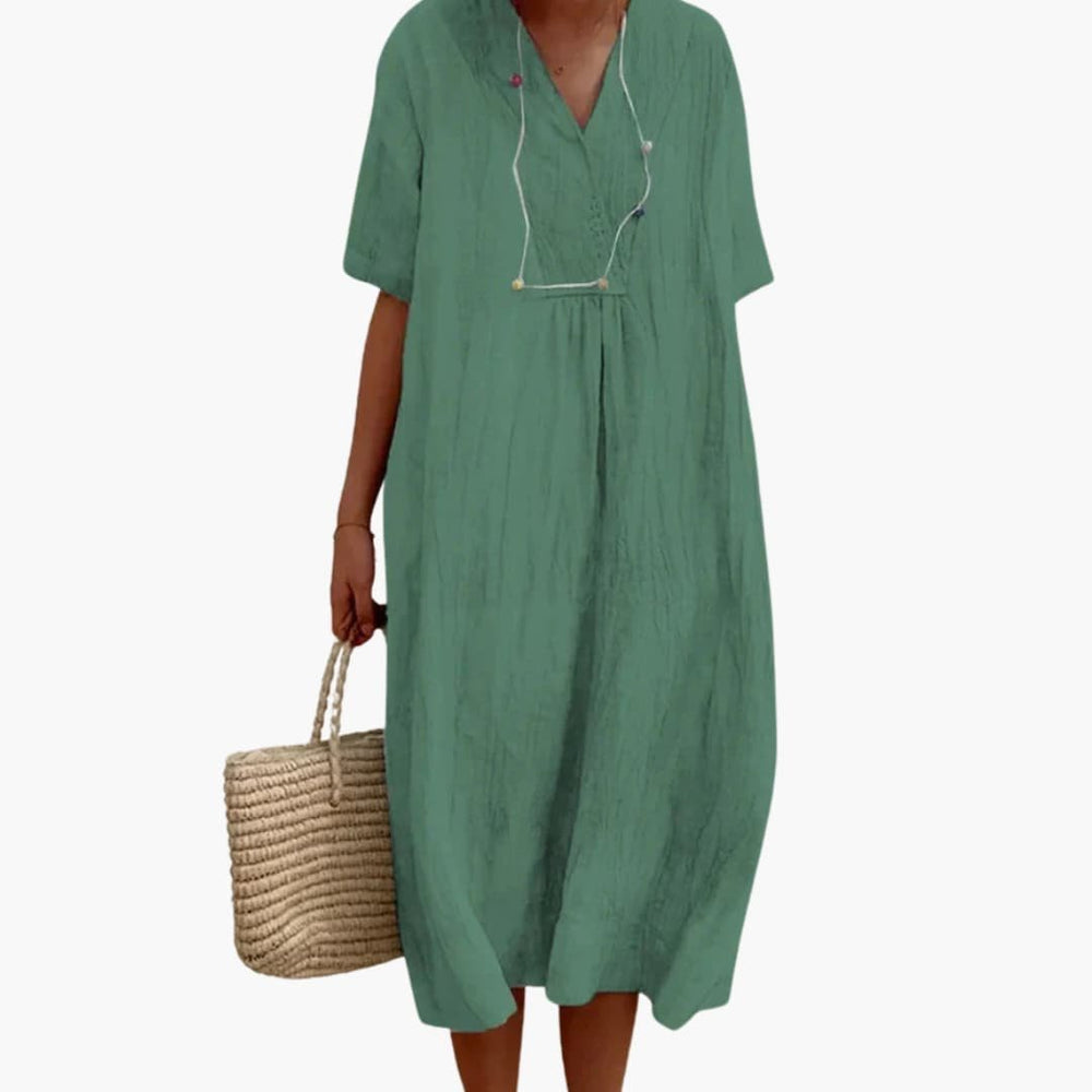 Women's Relaxed-Fit V-Neck Short-Sleeve Linen Midi Dress - Light Green