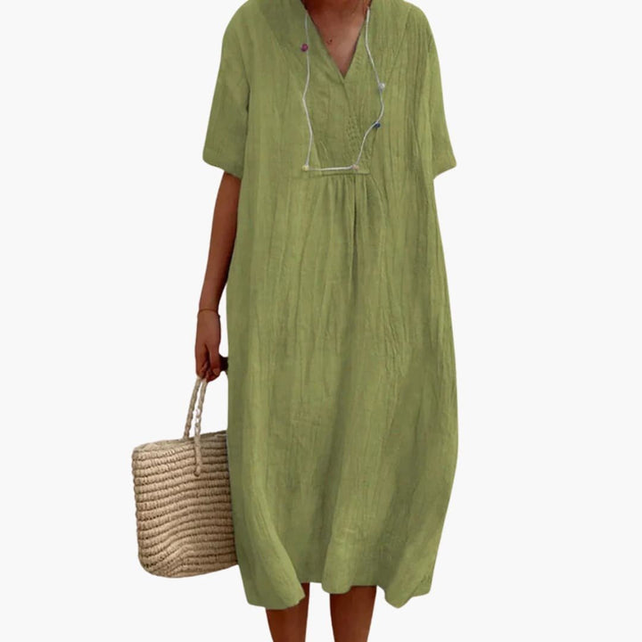 Women's Relaxed-Fit V-Neck Short-Sleeve Linen Midi Dress - Green
