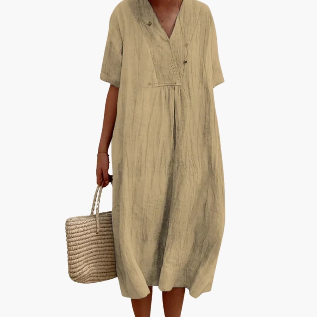Women's Relaxed-Fit V-Neck Short-Sleeve Linen Midi Dress - Khaki