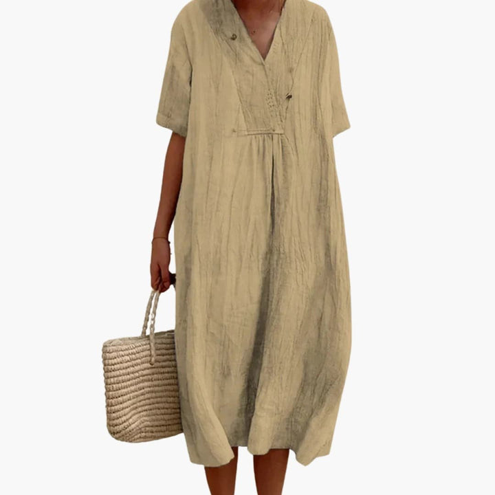 Women's Relaxed-Fit V-Neck Short-Sleeve Linen Midi Dress - Khaki