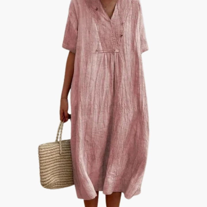Women's Relaxed-Fit V-Neck Short-Sleeve Linen Midi Dress - Pink