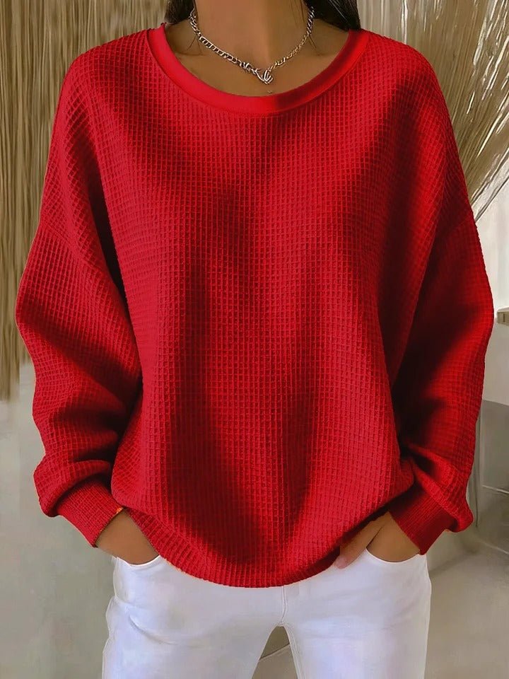 Women's Relaxed-Fit Waffle-Knit Long Sleeve Crewneck Sweater - Red