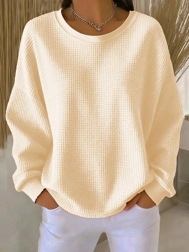Women's Relaxed-Fit Waffle-Knit Long Sleeve Crewneck Sweater - Apricot