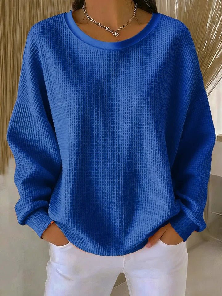 Women's Relaxed-Fit Waffle-Knit Long Sleeve Crewneck Sweater - Blue