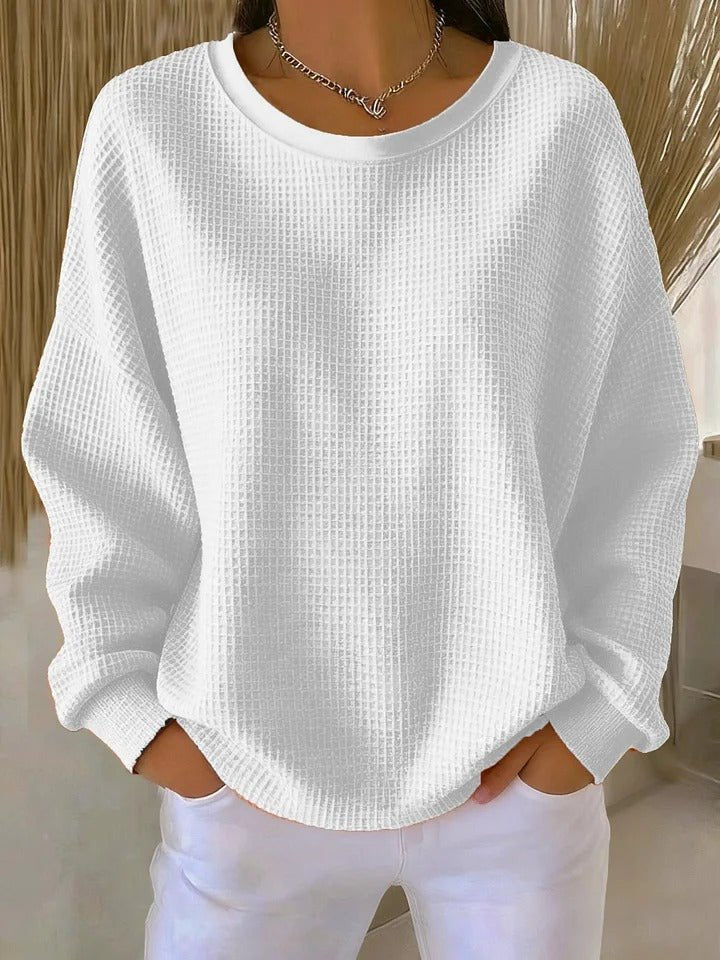 Women's Relaxed-Fit Waffle-Knit Long Sleeve Crewneck Sweater - White