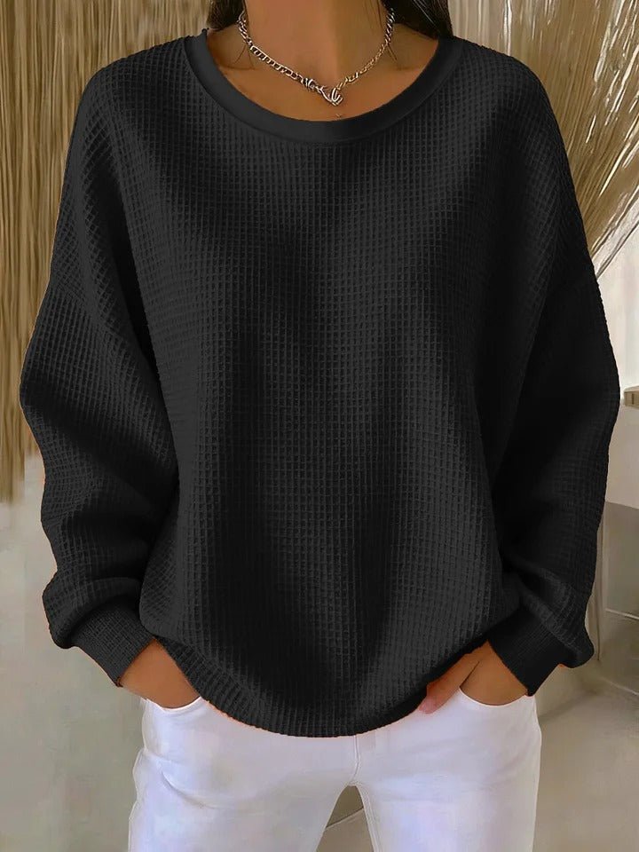Women's Relaxed-Fit Waffle-Knit Long Sleeve Crewneck Sweater - Black