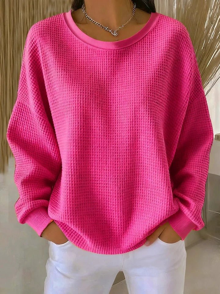 Women's Relaxed-Fit Waffle-Knit Long Sleeve Crewneck Sweater - Fuchsia