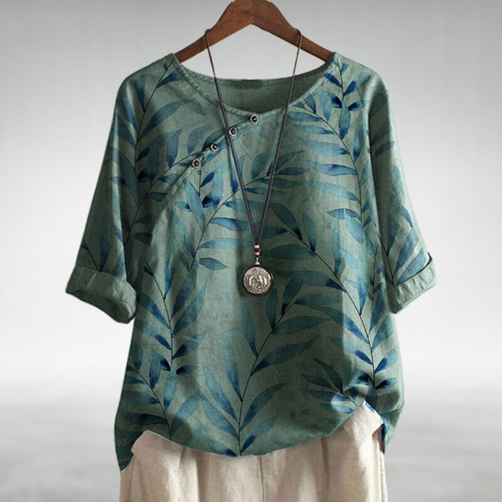 Women's Relaxed-Fit Watercolor Leaf-Print Linen-Look Short-Sleeve Top - Green