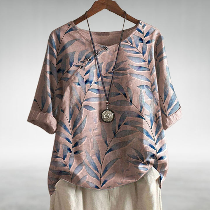 Women's Relaxed-Fit Watercolor Leaf-Print Linen-Look Short-Sleeve Top - Pink
