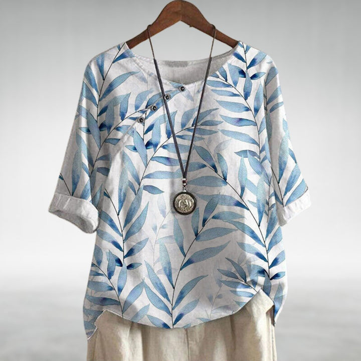 Women's Relaxed-Fit Watercolor Leaf-Print Linen-Look Short-Sleeve Top - White