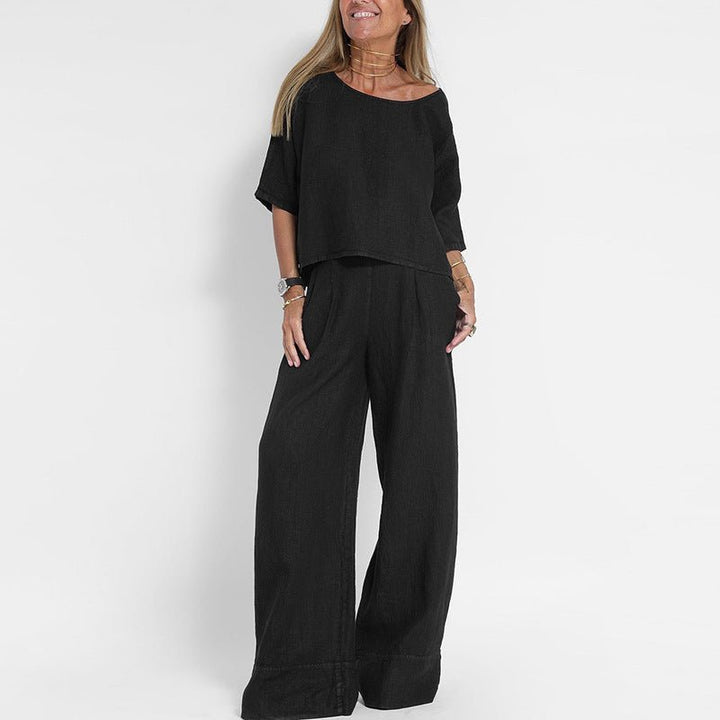 Women's Relaxed-Fit Wide-Leg Linen Two-Piece Lounge Set - Black