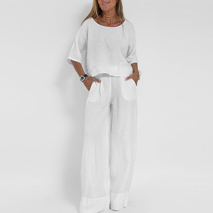 Women's Relaxed-Fit Wide-Leg Linen Two-Piece Lounge Set - White