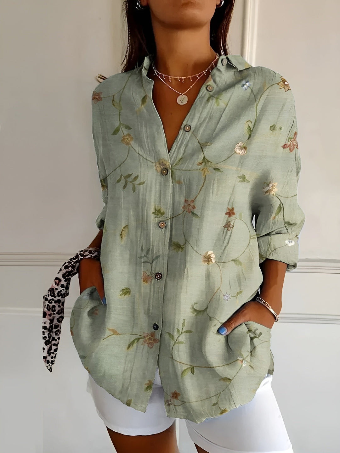 Women's Relaxed Floral Button-Down Linen-Look Blouse - Green