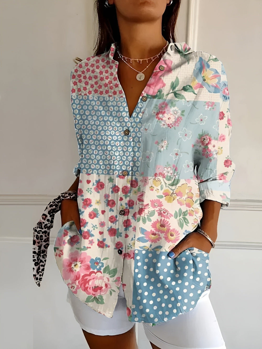Women's Relaxed Floral Button-Down Linen-Look Blouse - Blue Flower