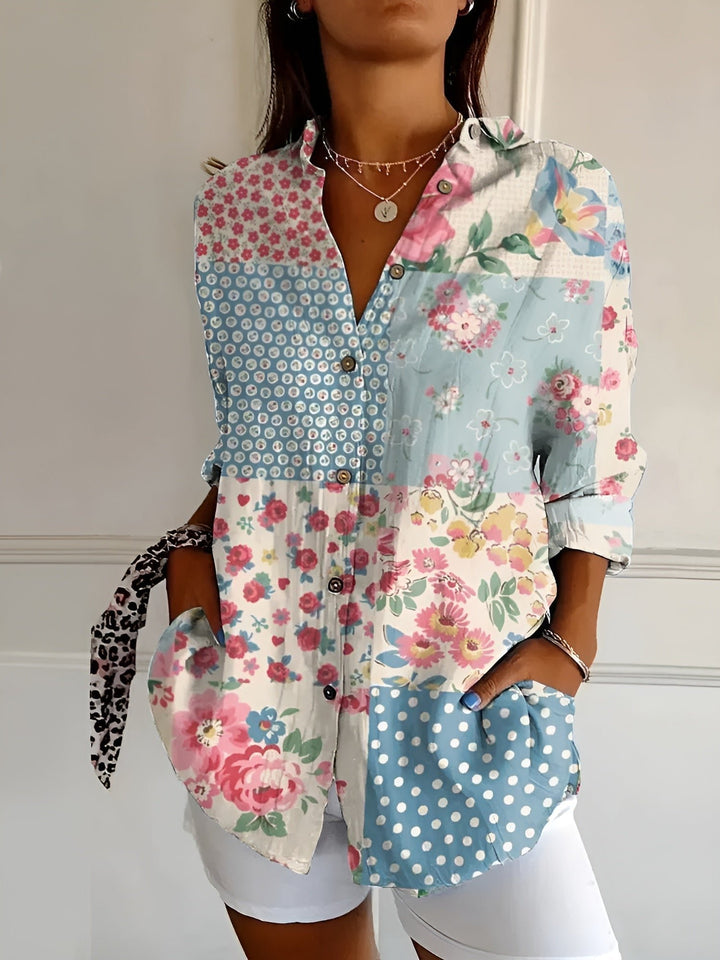 Women's Relaxed Floral Button-Down Linen-Look Blouse - Blue Flower