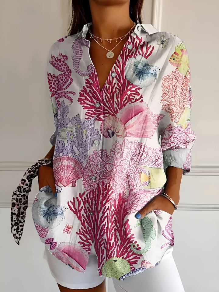 Women's Relaxed Floral Button-Down Linen-Look Blouse - Corals