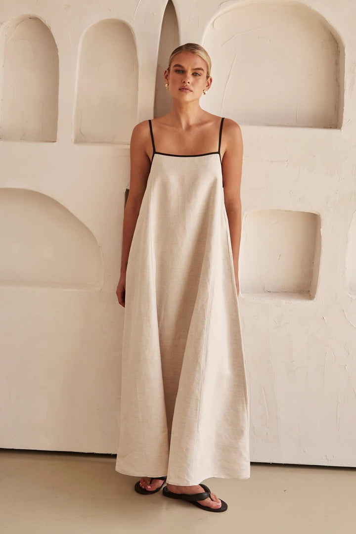 Women's Relaxed Linen-Blend Contrast-Trim Maxi Dress - Cream
