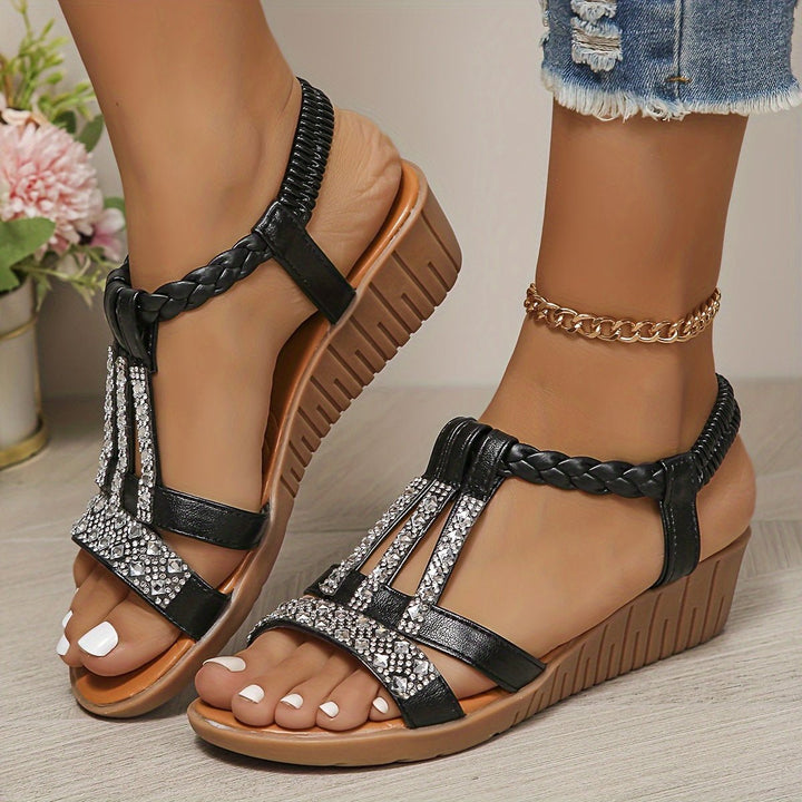 Women's Rhinestone T-Strap Wedge Orthopedic Sandals - Black