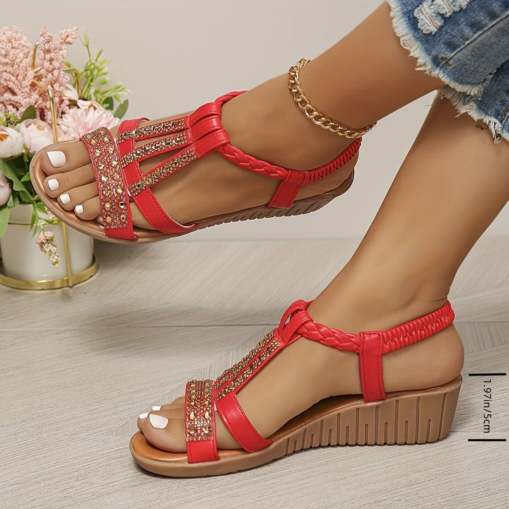 Women's Rhinestone T-Strap Wedge Orthopedic Sandals