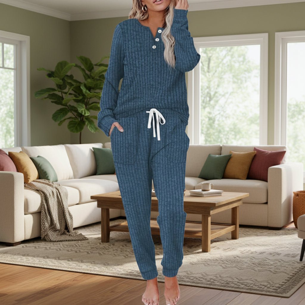Women's Ribbed Henley Long-Sleeve Drawstring Loungewear Two-Piece Set - Navy Blue