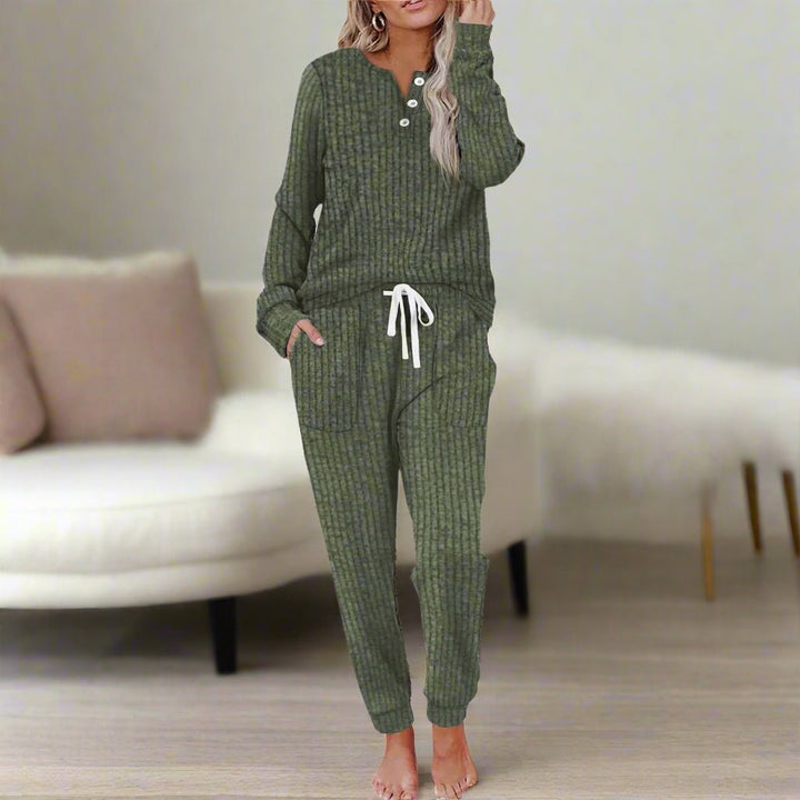 Women's Ribbed Henley Long-Sleeve Drawstring Loungewear Two-Piece Set - Leaf Green