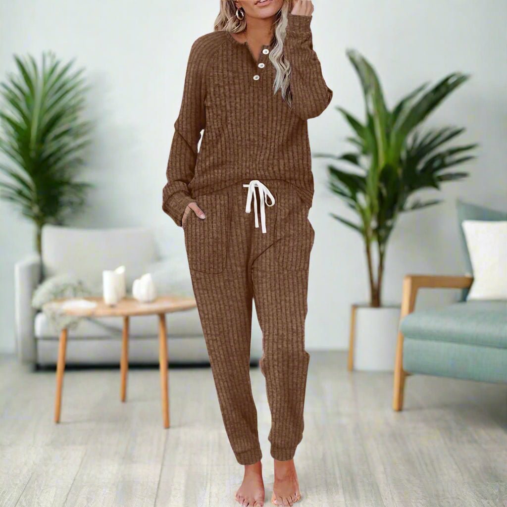 Women's Ribbed Henley Long-Sleeve Drawstring Loungewear Two-Piece Set