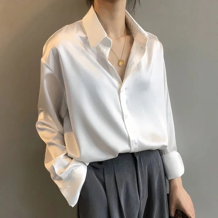Women's Satin Button-Down Long Sleeve Collared Blouse - White