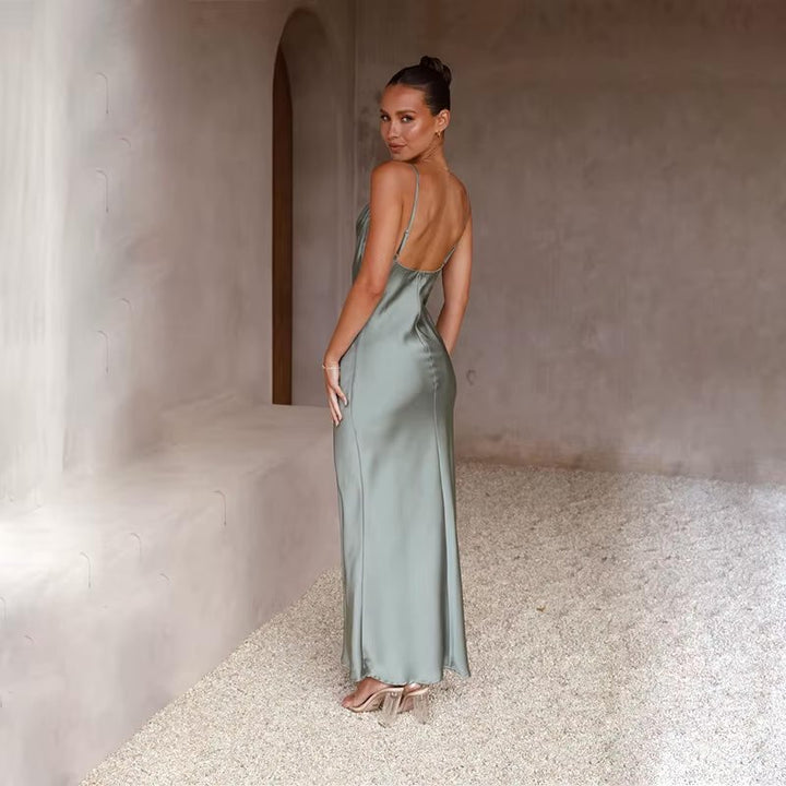 Women's Satin Cowl-Neck Open-Back Bodycon Maxi Dress