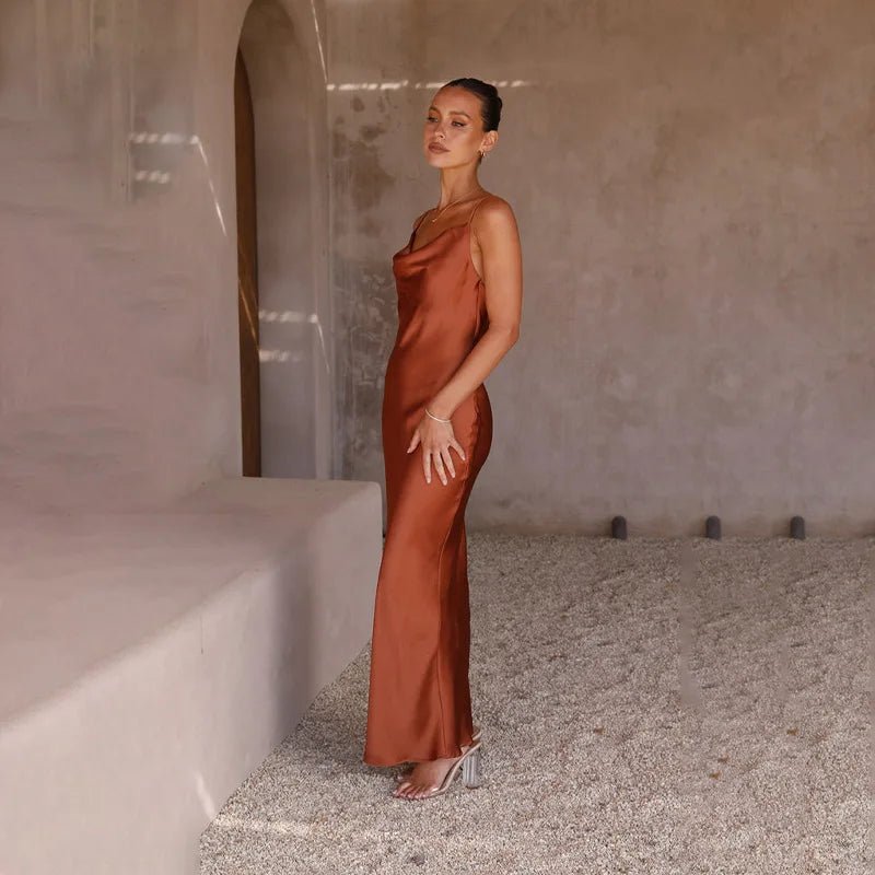 Women's Satin Cowl-Neck Open-Back Bodycon Maxi Dress