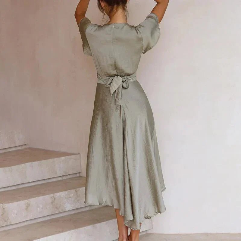 Women's Satin Deep V-Neck Flutter Sleeve Tie-Front Midi Dress