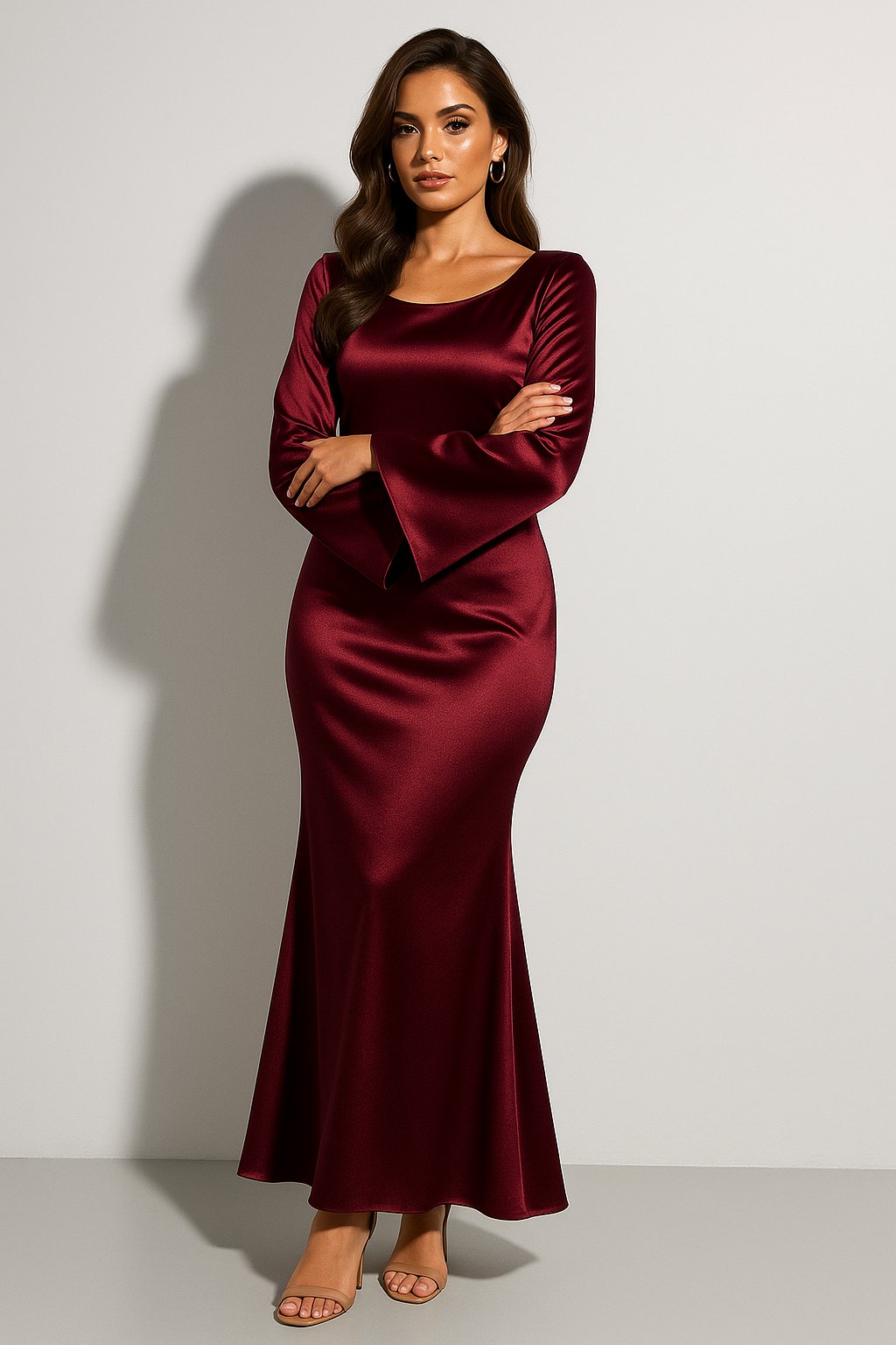 Women's Satin Long Sleeve Scoop Neck Fishtail Maxi Gown - Dark Red