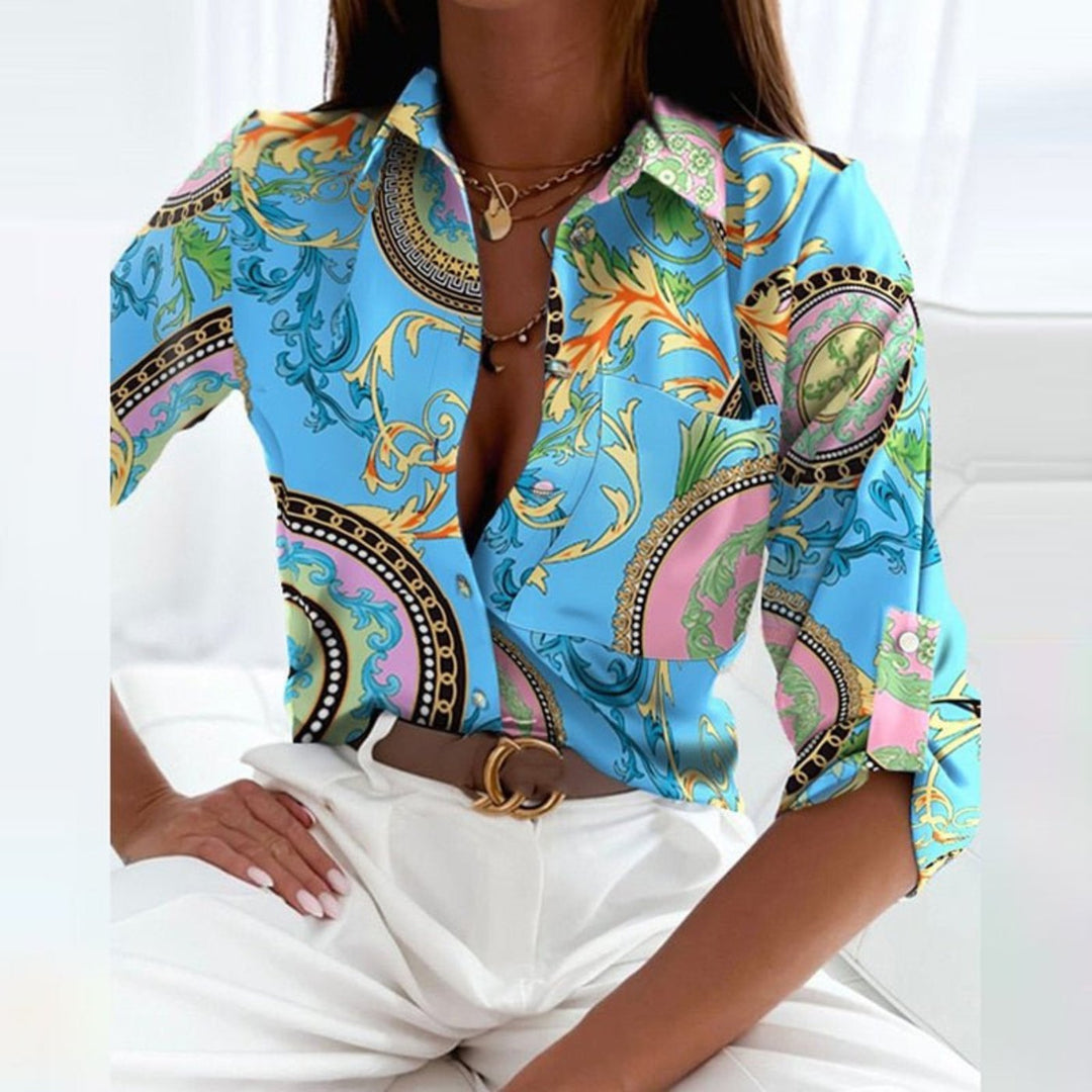 Women's Satin Striped Long-Sleeve Button-Down Blouse - Light Blue