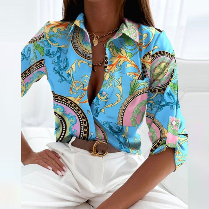 Women's Satin Striped Long-Sleeve Button-Down Blouse - Light Blue
