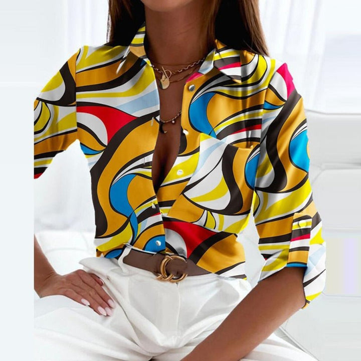 Women's Satin Striped Long-Sleeve Button-Down Blouse - Yellow