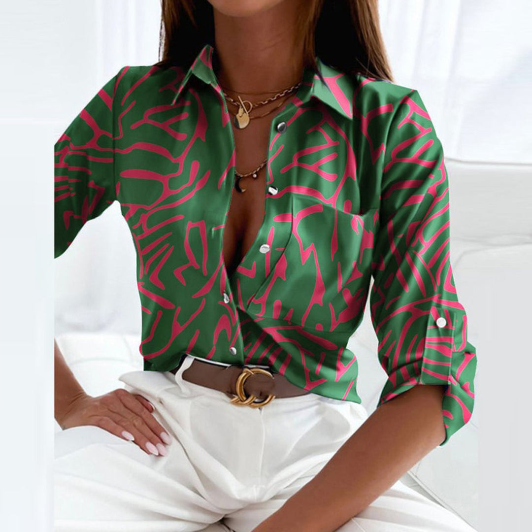 Women's Satin Striped Long-Sleeve Button-Down Blouse - Dark Green