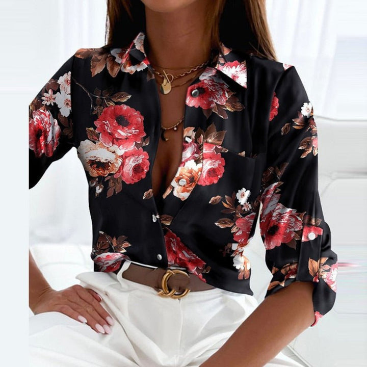 Women's Satin Striped Long-Sleeve Button-Down Blouse - Black