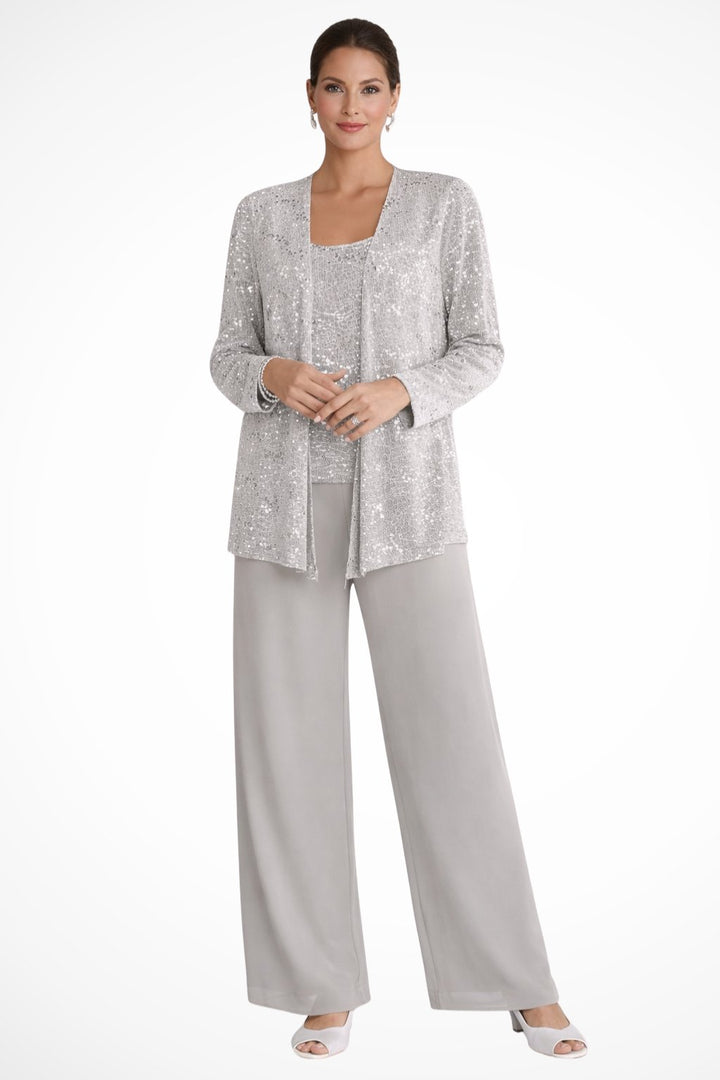 Women's Sequin Three-Piece Wide-Leg Pants Set Long-Sleeve Jacket - Grey