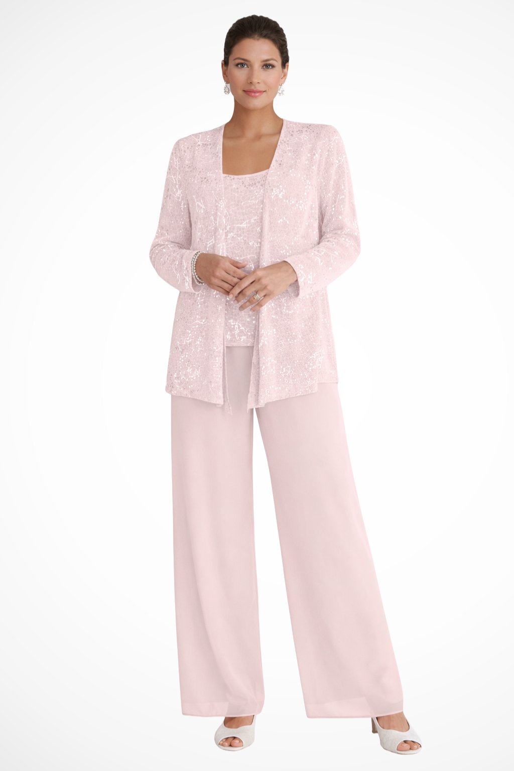 Women's Sequin Three-Piece Wide-Leg Pants Set Long-Sleeve Jacket - Light Pink