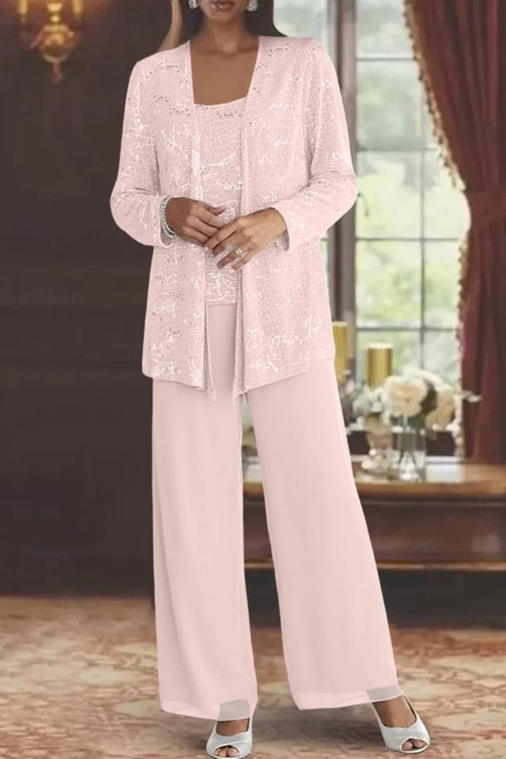 Women's Sequin Three-Piece Wide-Leg Pants Set Long-Sleeve Jacket