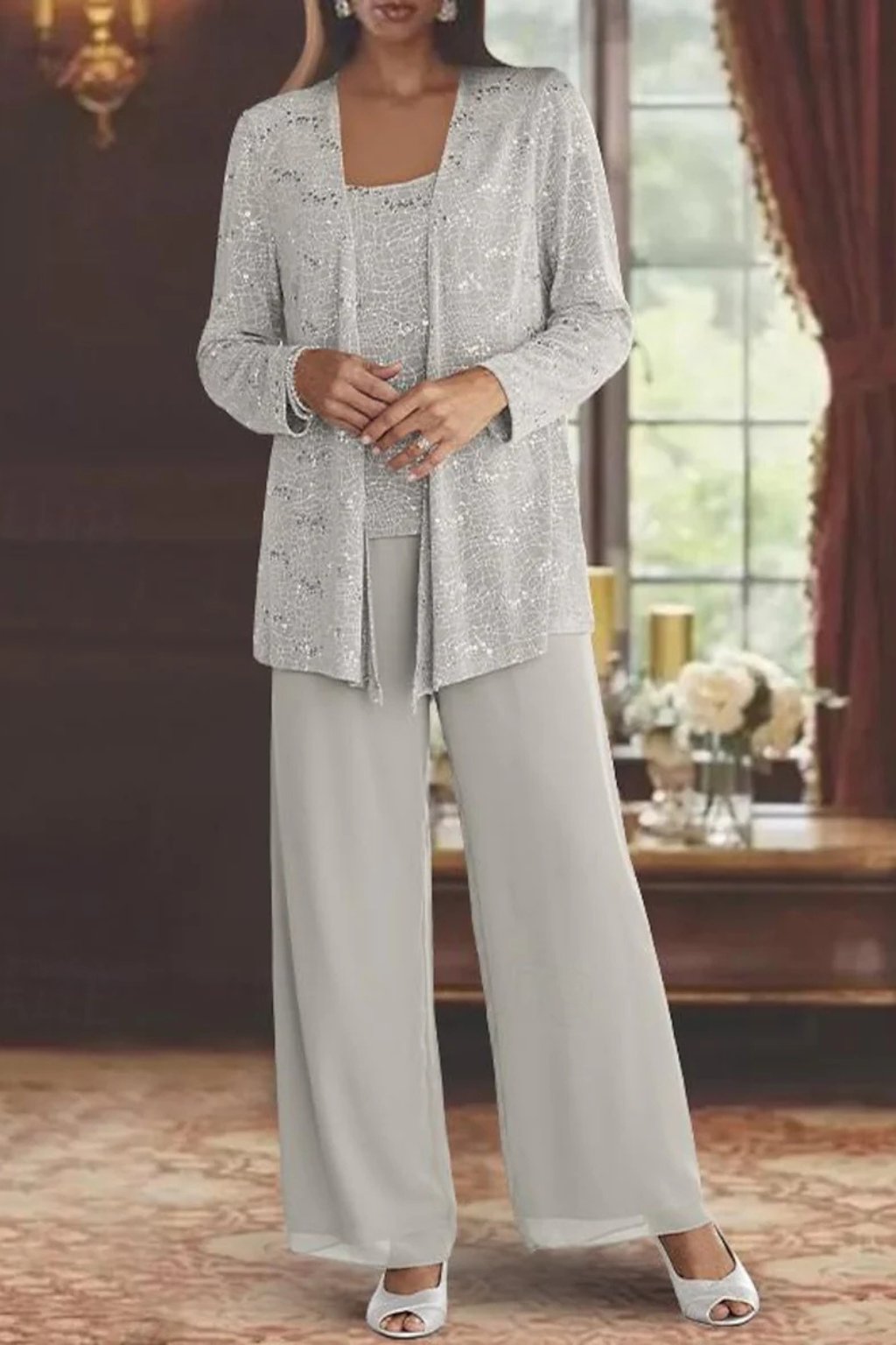 Women's Sequin Three-Piece Wide-Leg Pants Set Long-Sleeve Jacket