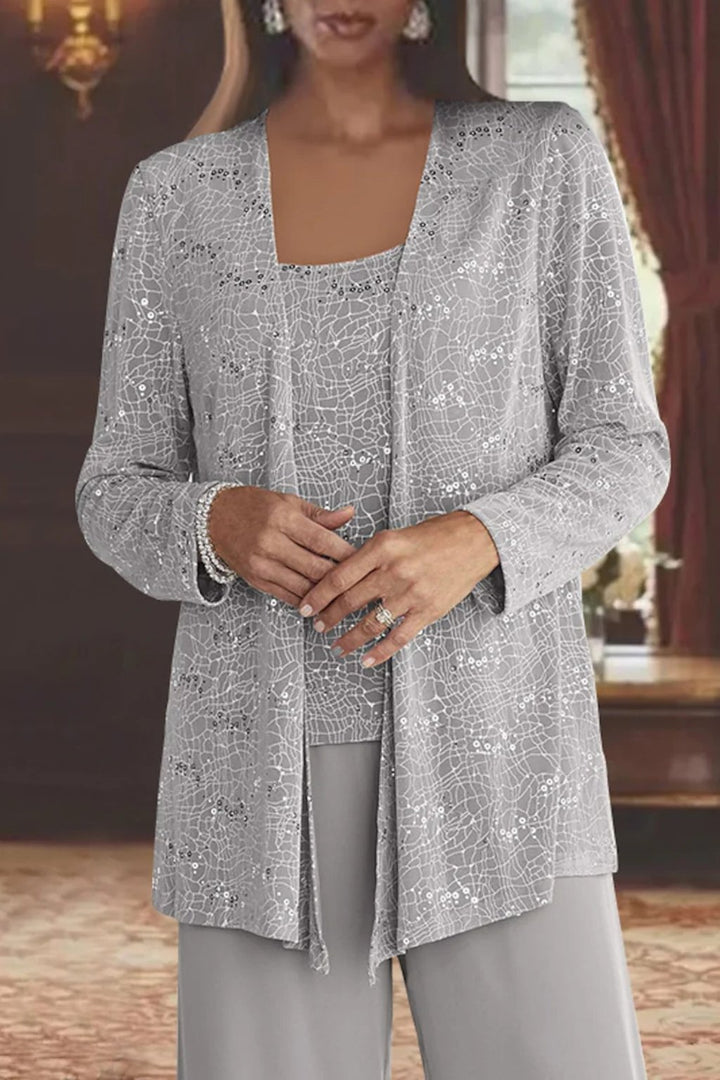 Women's Sequin Three-Piece Wide-Leg Pants Set Long-Sleeve Jacket