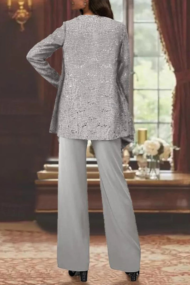 Women's Sequin Three-Piece Wide-Leg Pants Set Long-Sleeve Jacket