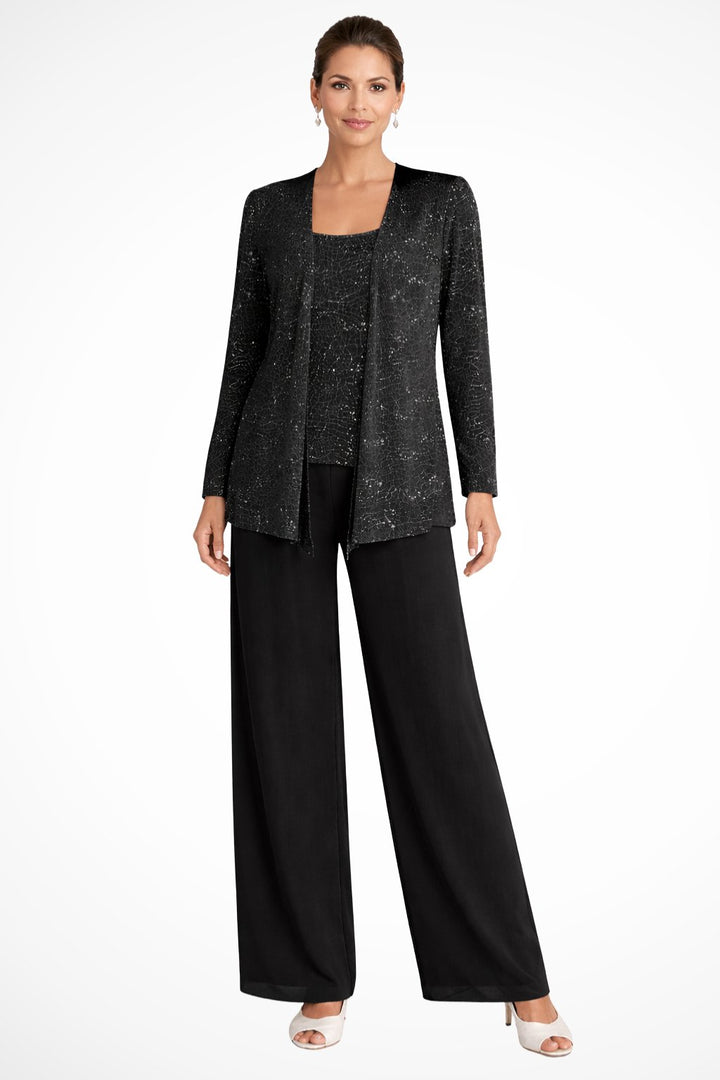 Women's Sequin Three-Piece Wide-Leg Pants Set Long-Sleeve Jacket - Black