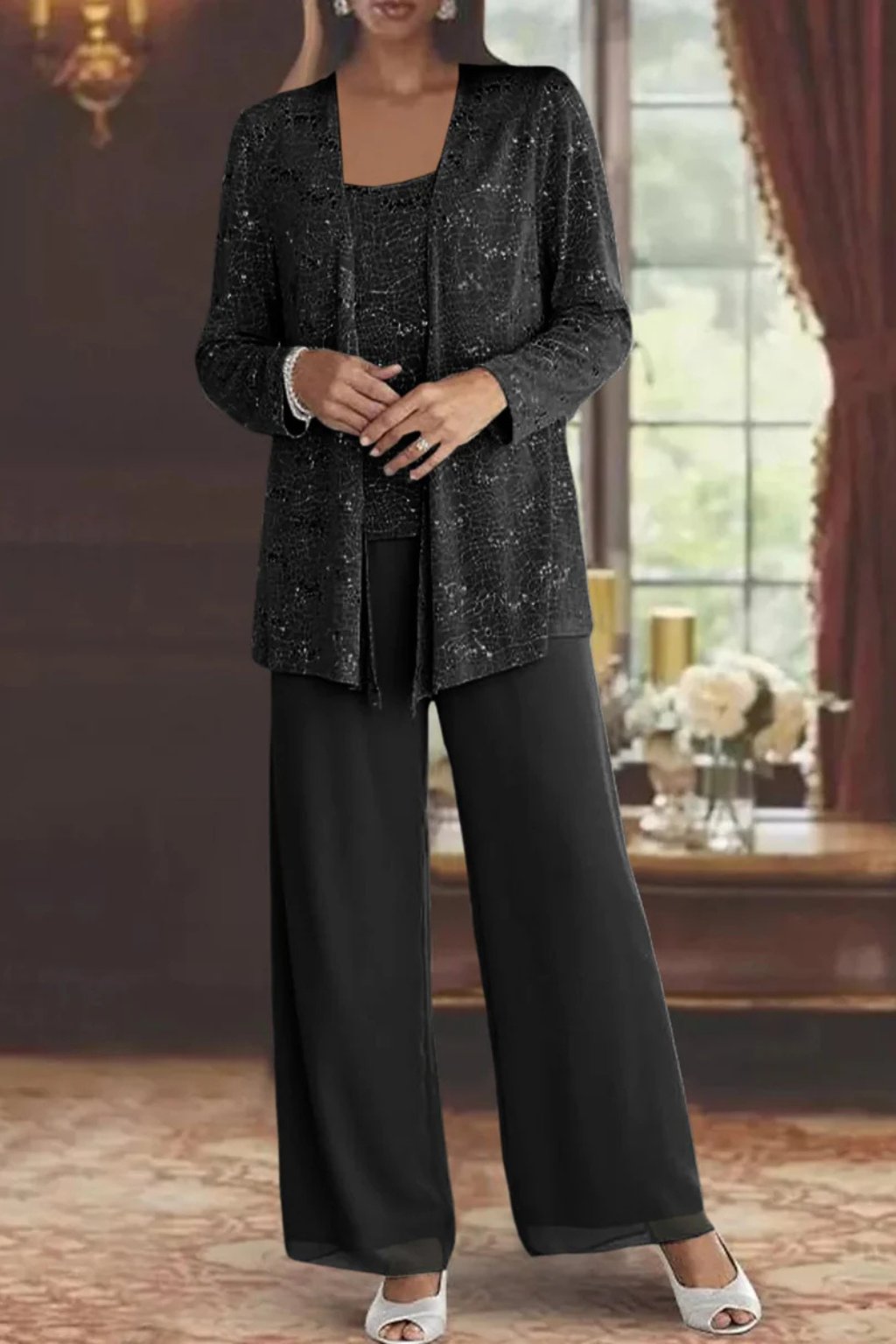 Women's Sequin Three-Piece Wide-Leg Pants Set Long-Sleeve Jacket