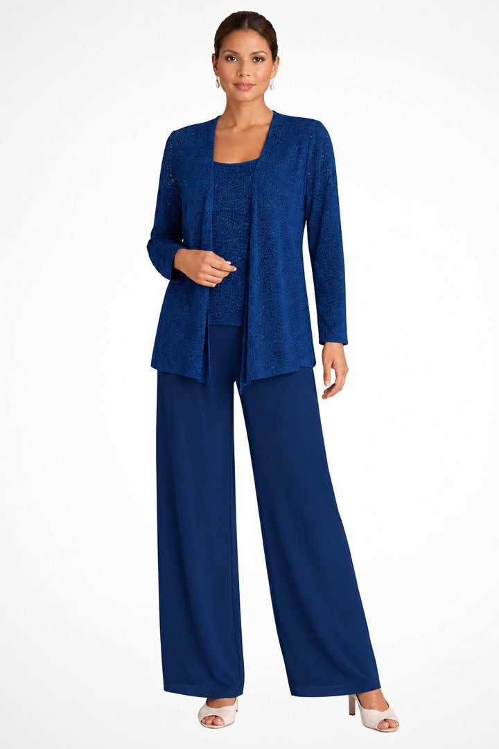 Women's Sequin Three-Piece Wide-Leg Pants Set Long-Sleeve Jacket - Navy Blue