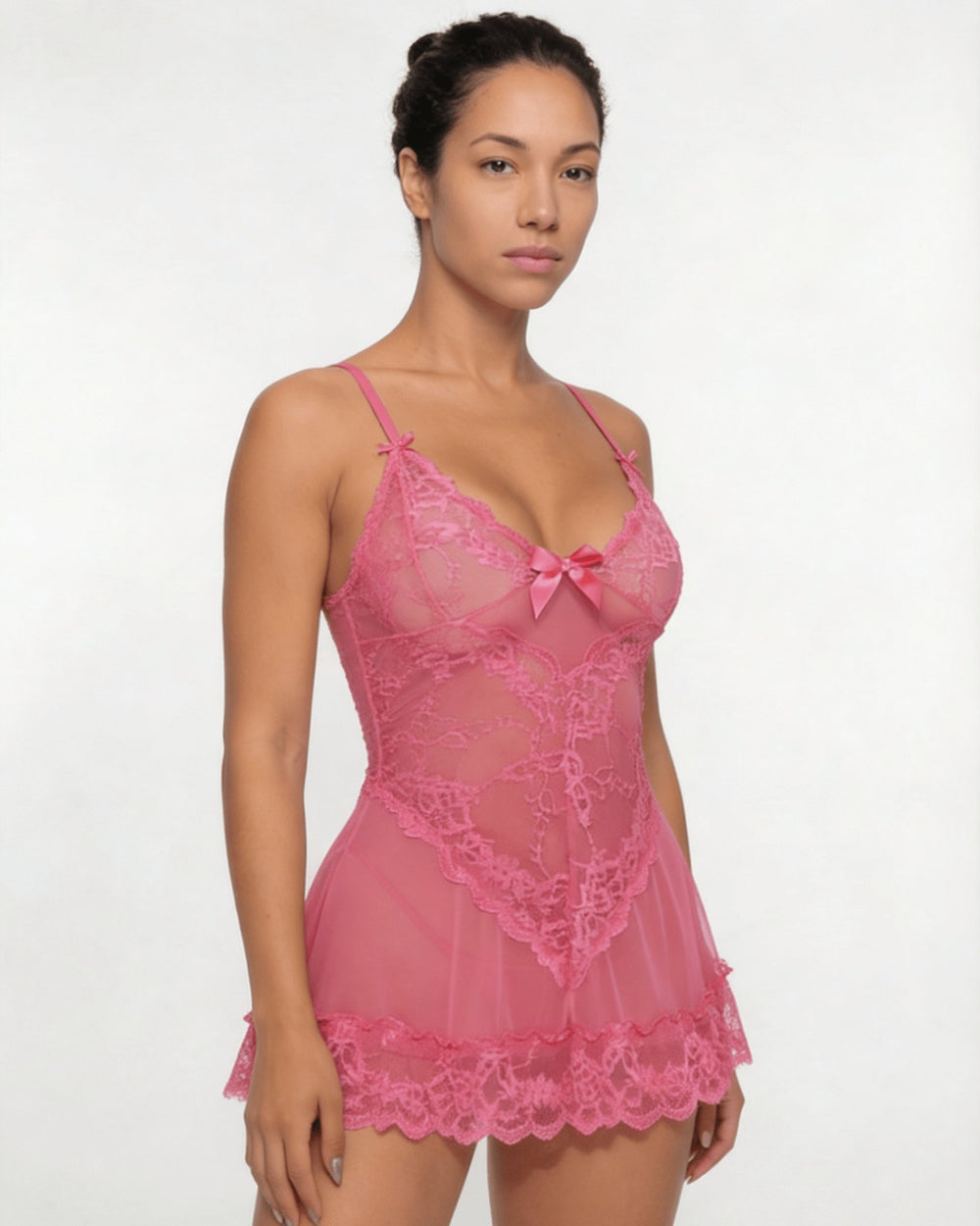 Women's Sheer Mesh Floral Lace Scallop-Hem Chemise