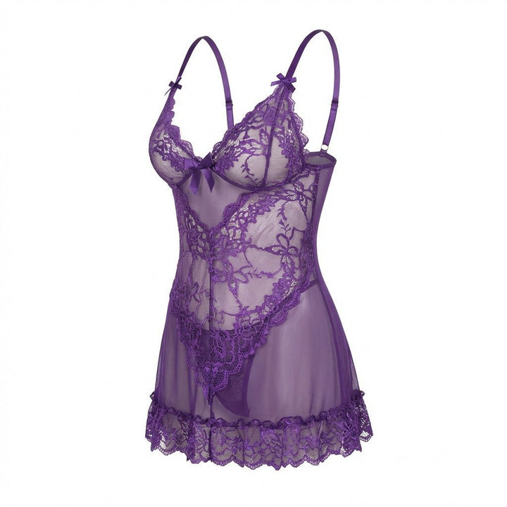 Women's Sheer Mesh Floral Lace Scallop-Hem Chemise - Purple