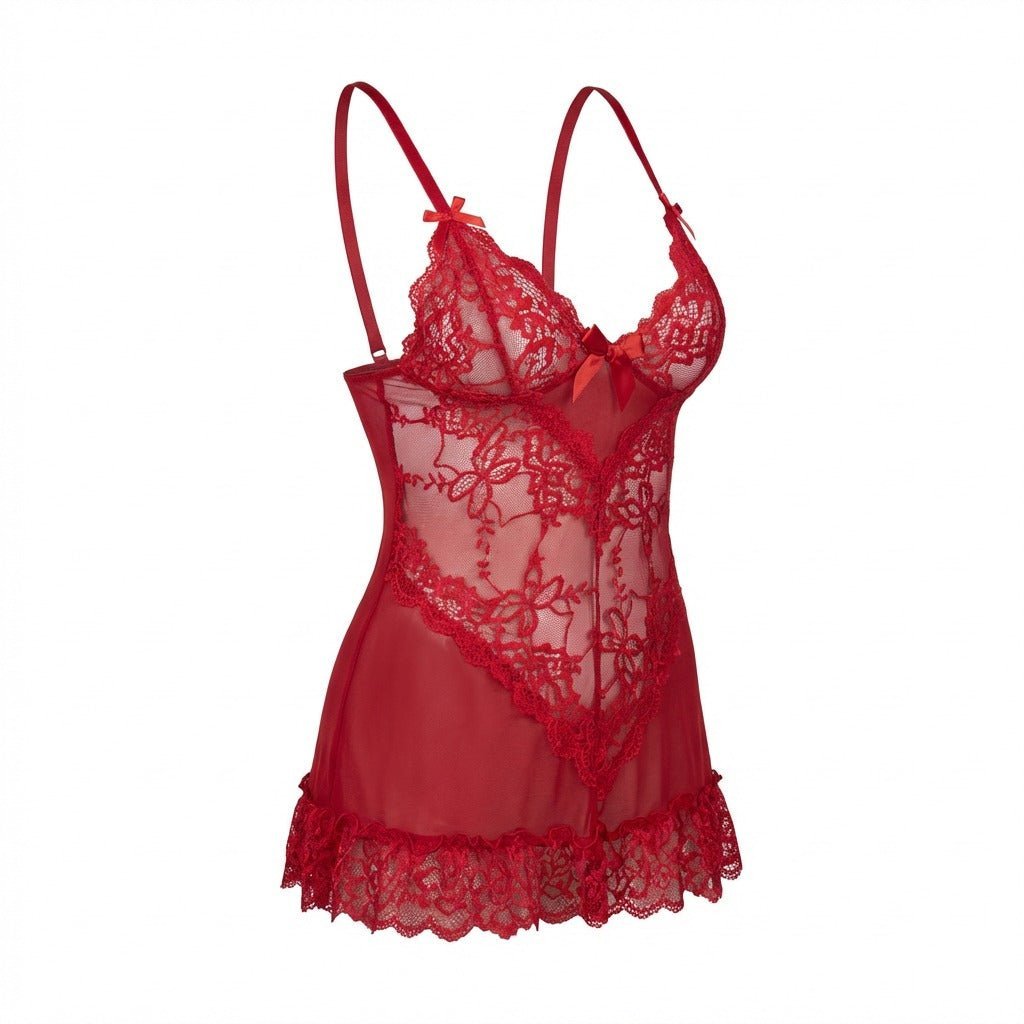 Women's Sheer Mesh Floral Lace Scallop-Hem Chemise - Red