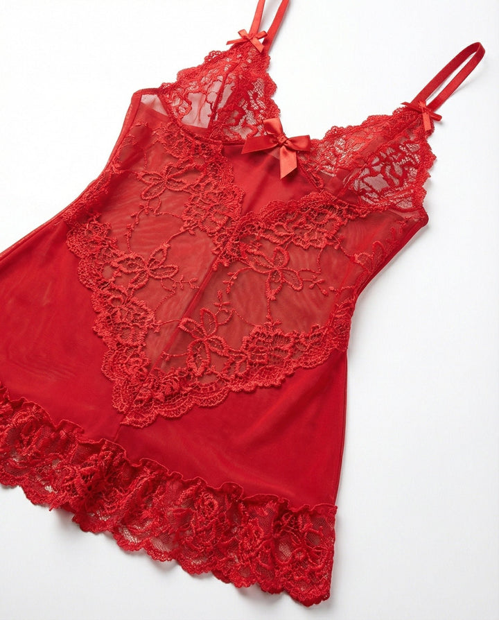 Women's Sheer Mesh Floral Lace Scallop-Hem Chemise